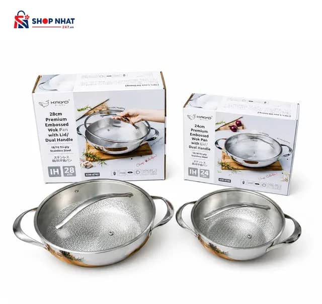 Chảo Đúc Inox 3 Lớp Đáy Liền Dập Nổi Sâu Lòng 2 Tay Cầm Kaiyo